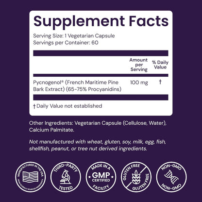 Healthy Origins Pycnogenol 100 mg, Capsules - 100% Clinically Studied French Maritime Pine Bark Extract - Supports Healthy Heart, Joint Health & Skin Elasticity