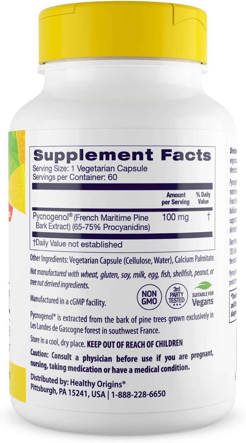 Healthy Origins Pycnogenol 100 mg, Capsules - 100% Clinically Studied French Maritime Pine Bark Extract - Supports Healthy Heart, Joint Health & Skin Elasticity